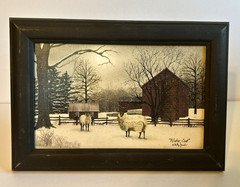 WINTER COAT by Billy Jacobs 9.5×13.5 FRAMED PICTURE ART Sheep Farm Red Barn Snow