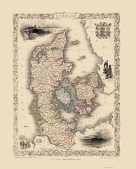 Historic Map – Denmark – Tallis 1851 – Vintage Wall Art