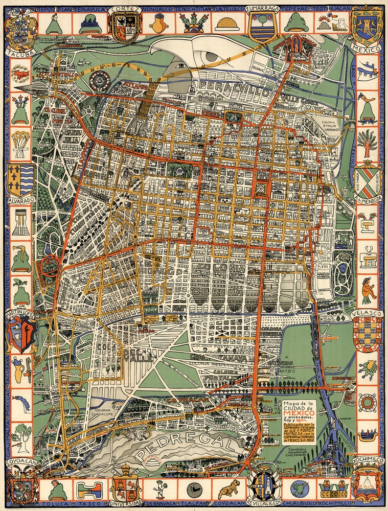Early Pictorial Map Mexico City and Surroundings Aztec symbols Historic Poster