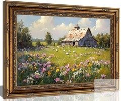 Vintage Gold Framed Landscape Rustic Wall Art Farmhouse Cottage Rural View Pictu