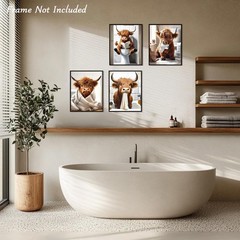 4Pcs Funny Highland Cow Wall Art Pictures, Rustic Cow Canvas Prints for Bathr…