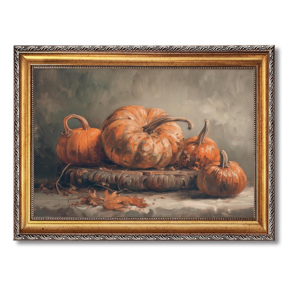 Vintage Pumpkin Oil Painting Poster Horizontal Rustic Fall Still Life Wall Ar…