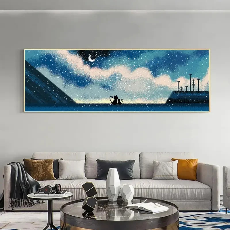 Panoramic Whimsical Characters Stars and Moon Canvas Wall Art Home Decor