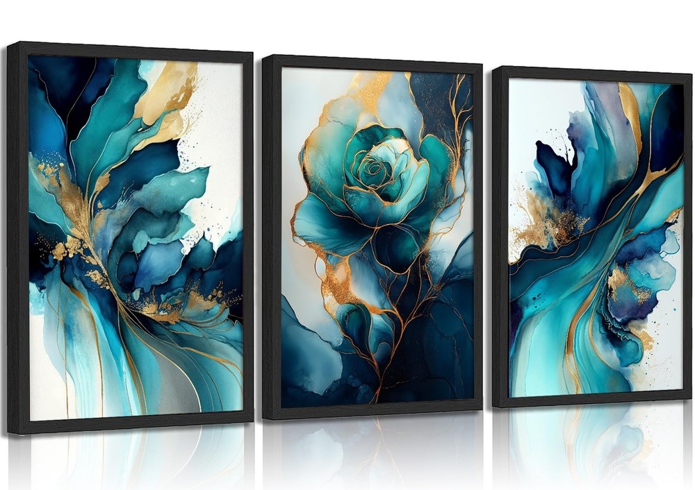 3 pcs Green gold canvas wall art Modern Blue Green and Gold Abstract Marble F…