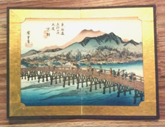 Asian Picture Mountains Bridge People River Gold It Folds In Half 9″ x 6 3/4″