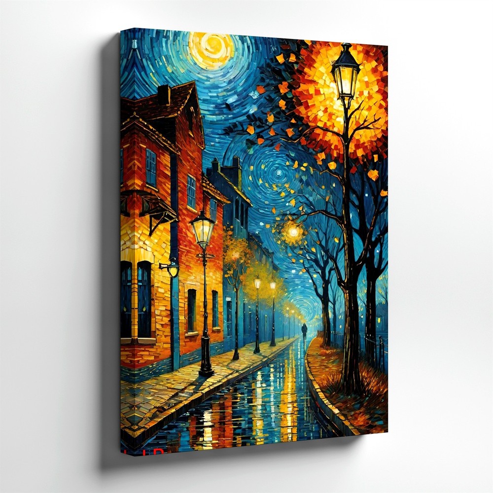 Wall Art Rainy Night Street Cityscape Canvas Print Lamp Post Moonlit Trees Home