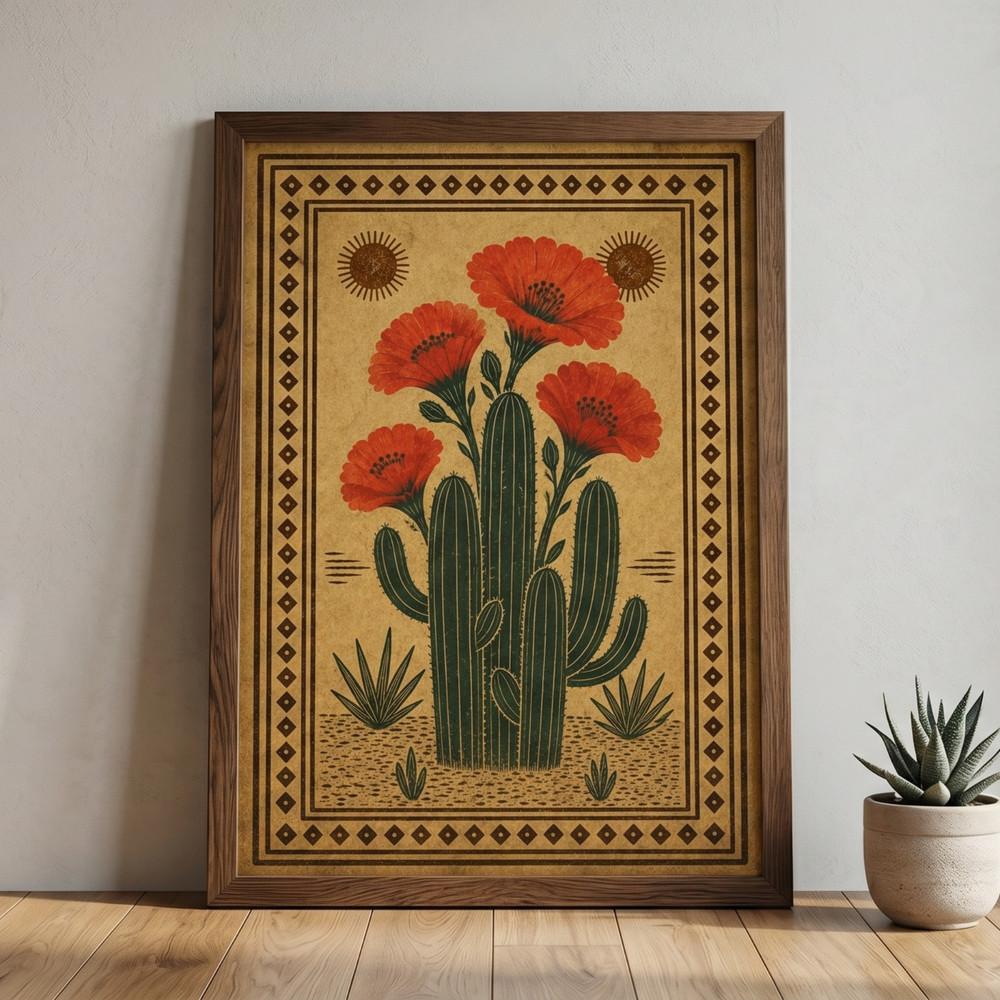 Vintage Southwest Cactus Flower Poster Boho Desert Saguaro Art Western Decor Pri