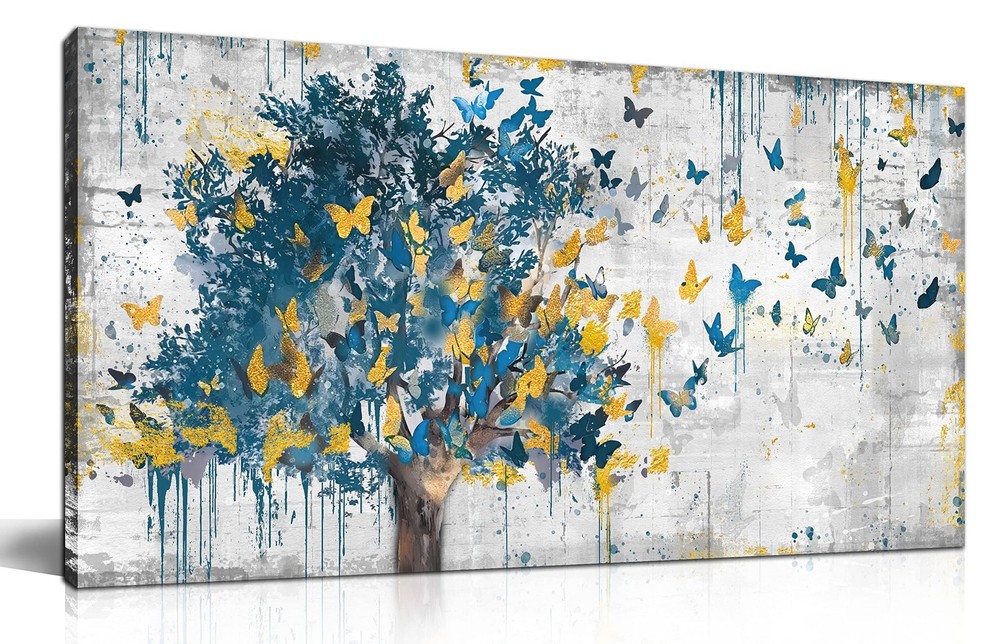 Large Canvas Wall Art Blue Tree Golden Butterflies Picture Abstract Grey Graf…