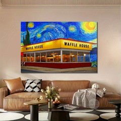 Waffle House Starry Night Parody Canvas Wall Art, Fast Food Fan Decor
