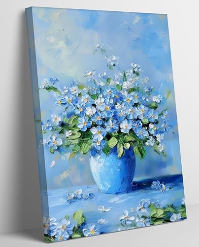 Blue Floral Wall Art Texture Style Oil Floral Painting 10″L x 8″W Canvas