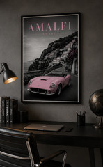 Amalfi Coast Pink Ferrari Wall Art – Luxury Italian Coastal Print