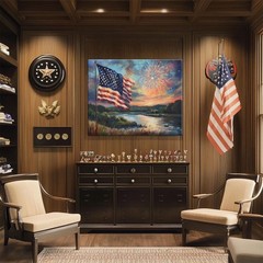 Patriotic American Flag with Fireworks Print 4th of July Canvas Wall Art Sunset