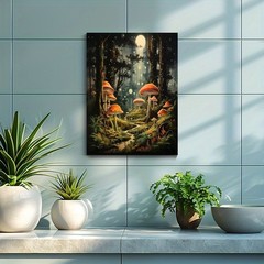 Canvas Art Framed Glowing Forest Red Spotted Mushroom Moon Dark Fantasy Decor