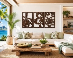 3-Piece Framed Wood Wall Art Panels Hibiscus Floral Botanical Horizontal Brown