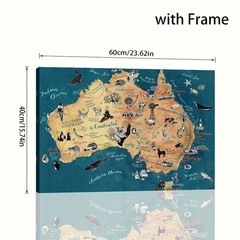 Australia Wildlife Illustrated Map Framed Canvas, Teal Travel Nature Wall Decor