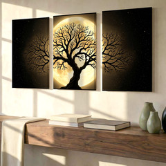3 Pieces Golden Moonlit Tree Gold Large Wall Art Set for Bedroom Set Of 3