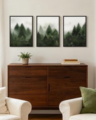 Green Fog Pine Tree Framed Wall Art Nature Nordic Forests Artwork Morden Pain…