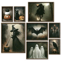 8Pcs Vintage Halloween Wall Art Prints Scary Headless Horse Witch Bat Ghost A…