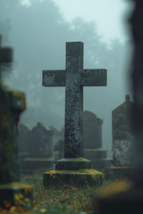 Christian Cross Graveyard Fog Moss 4×6 Photo Print Religious Wall Art Decor