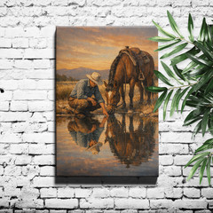 Western Cowboy by River Drinking Water Vintage Framed Canvas Painting Art