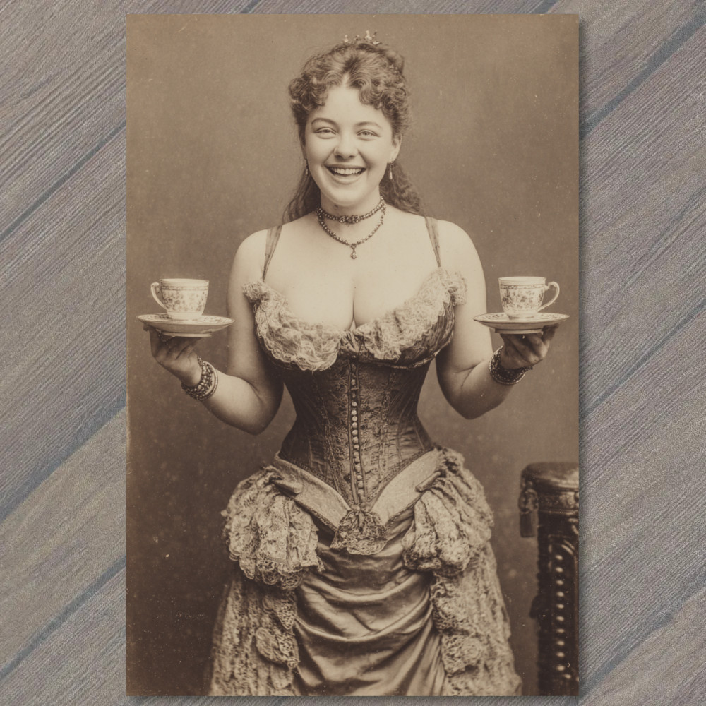 Art Print Victorian Woman Corset Holding Tea Cups Sepia Antique Humor