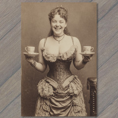Art Print Victorian Woman Corset Holding Tea Cups Sepia Antique Humor