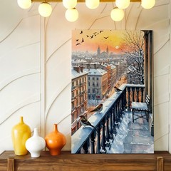 Wall Art Winter City Street Oil Painting Snowy Town Reflection Landscape Decor