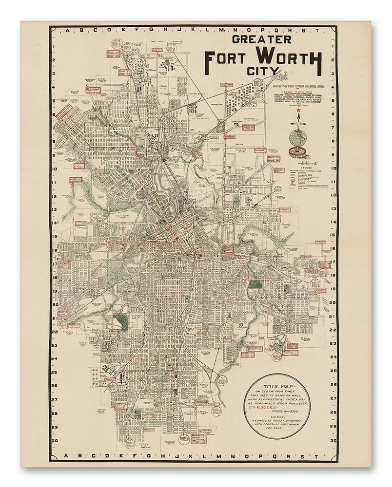 1928 Greater Fort Worth Texas City Map Vintage Tarrant County Wall Art