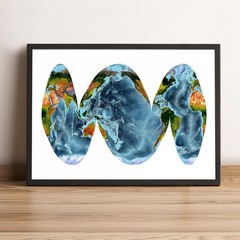 World Map, Goode Homolosine Ocean Projection World Map, Framed World Relief Map