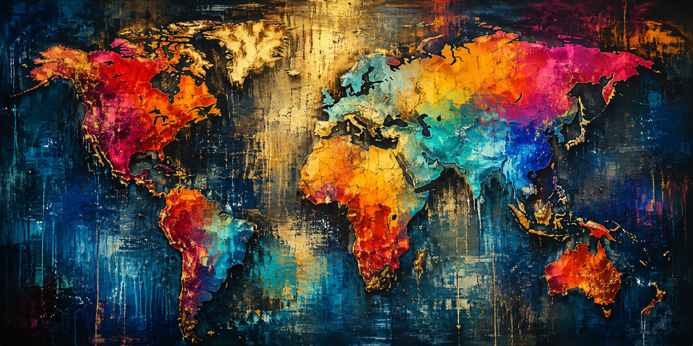 Colorful World Map Canvas Wall Art Modern Office Decor Abstract Mixed Media Art