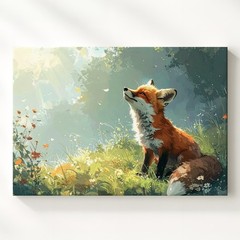 Curious Fox In Meadow Canvaswhimsical Nature Scene With Morning Light Wall Art