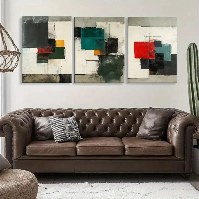 3pcs Abstract Geometric Color Splashes Blocks Wall Art Canvas Framed 50x70cm