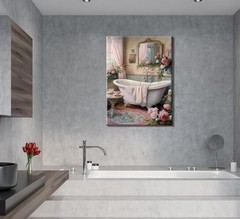 Pink Flowers Theme Bathroom Canvas Wall Art Vintage Bathtub Painting Pictures…