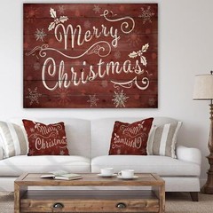 Merry Christmas Season Greetings on Red Print on Natural Pine Wood – Red Decor