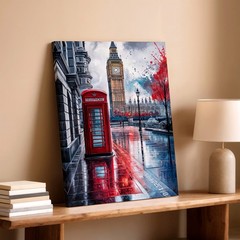 London Big Ben Red Telephone Booth Rainy Street Cityscape Wall Art Gift Decor