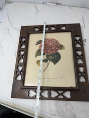 Heart Cutout Wood Frame Camellia Botanical Print Folk Art Wall Decor
