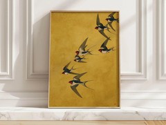 Minimal Swallow Flock Art Print, Japanese Flying Birds Poster