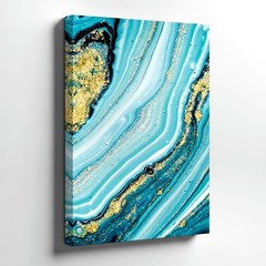 Wall Art Abstract Blue Teal Marble Agate Geode Pattern with Gold Foil Decor