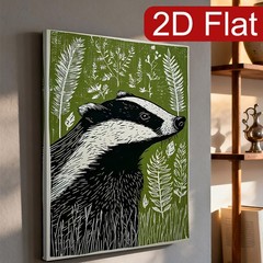 Badger Woodcut Green Canvas Wall Art, Botanical Wildlife Home Decor