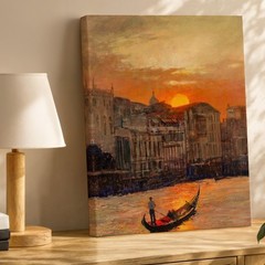 Sunset Venice Canal Landscape With Gondola And Cityscape Canvas Wall Art Print