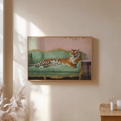 Lounging Tiger on Mint Green Sofa – Funny Regal Tiger Horizontal Art Print