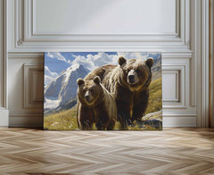 Grizzly Bear Mountain Landscape Giclée Canvas Print, Rustic Cabin Wildlife Art