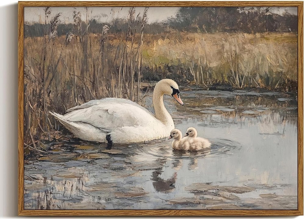 Vintage Swans Family In The Lake Canvas Wall Art Wild Animal Landscape Oil Paint