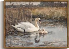 Vintage Swans Family In The Lake Canvas Wall Art Wild Animal Landscape Oil Paint