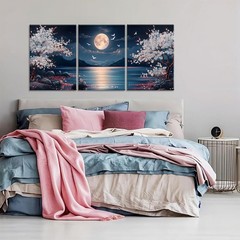 3 piezas de lienzo con diseño de flor de cerezo, luna y lago, arte pared 12 x 16