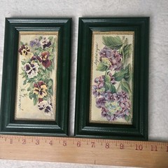 Floral Botanical Framed Art Green Frame Pansy Hydrangea Pair Cottage Farmhouse
