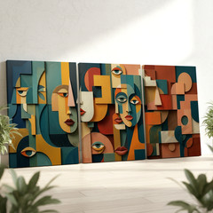 3 Pieces Abstract Geometric Faces Large Wall Art Set for Bedroom Set Of 3