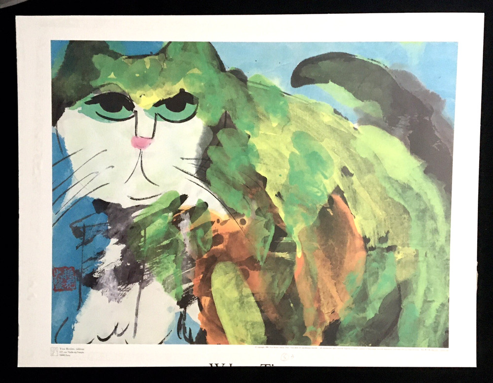 Walasse Ting (1929-2010) Green Cat Poster Paris Edition 1989 20×27 Mounted As-Is