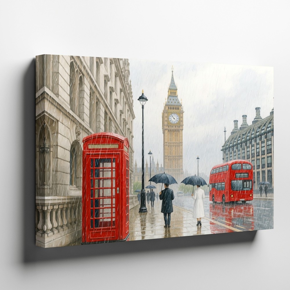 London rainy street scene canvas wall art red telephone booth double decker bus