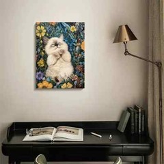 Cute Ragdoll Kitten with Flowers & Plants Painting Metal Print Ready to Hang